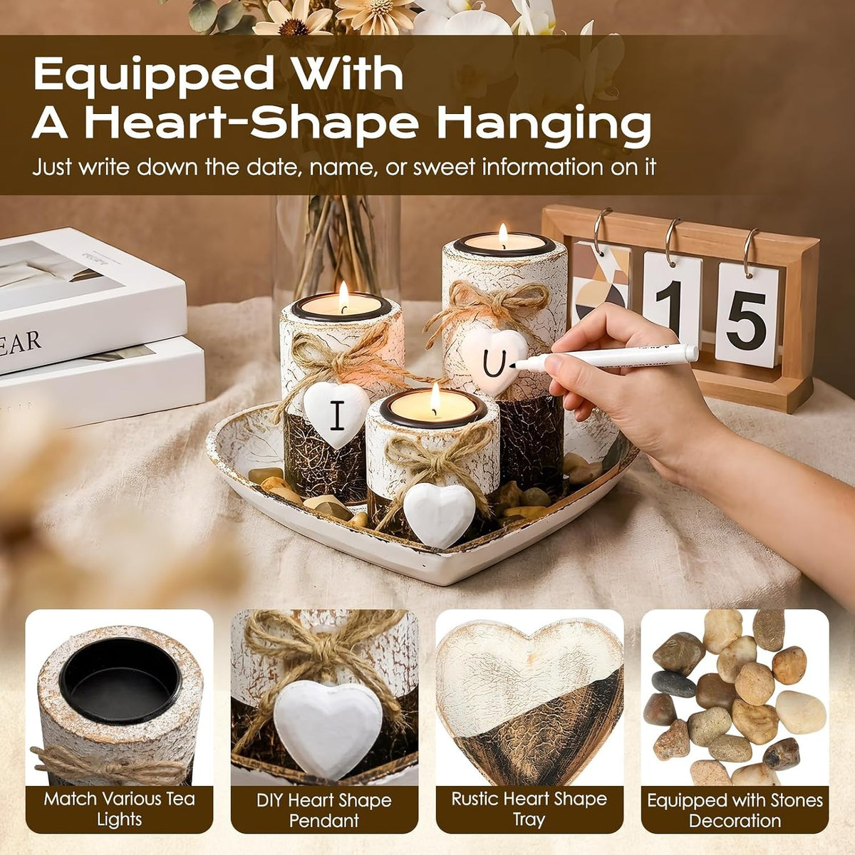 Heart Tray Rustic Candle Holder Set