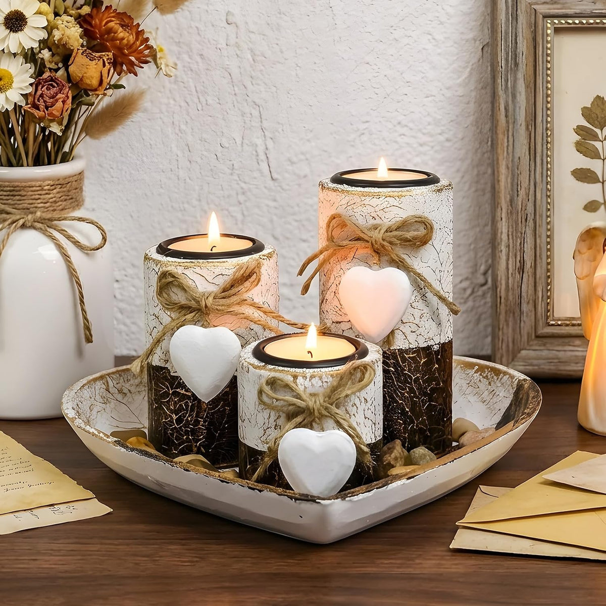 Heart Tray Rustic Candle Holder Set
