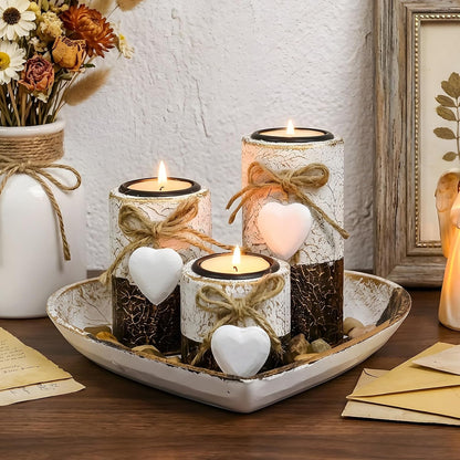 Heart Tray Rustic Candle Holder Set