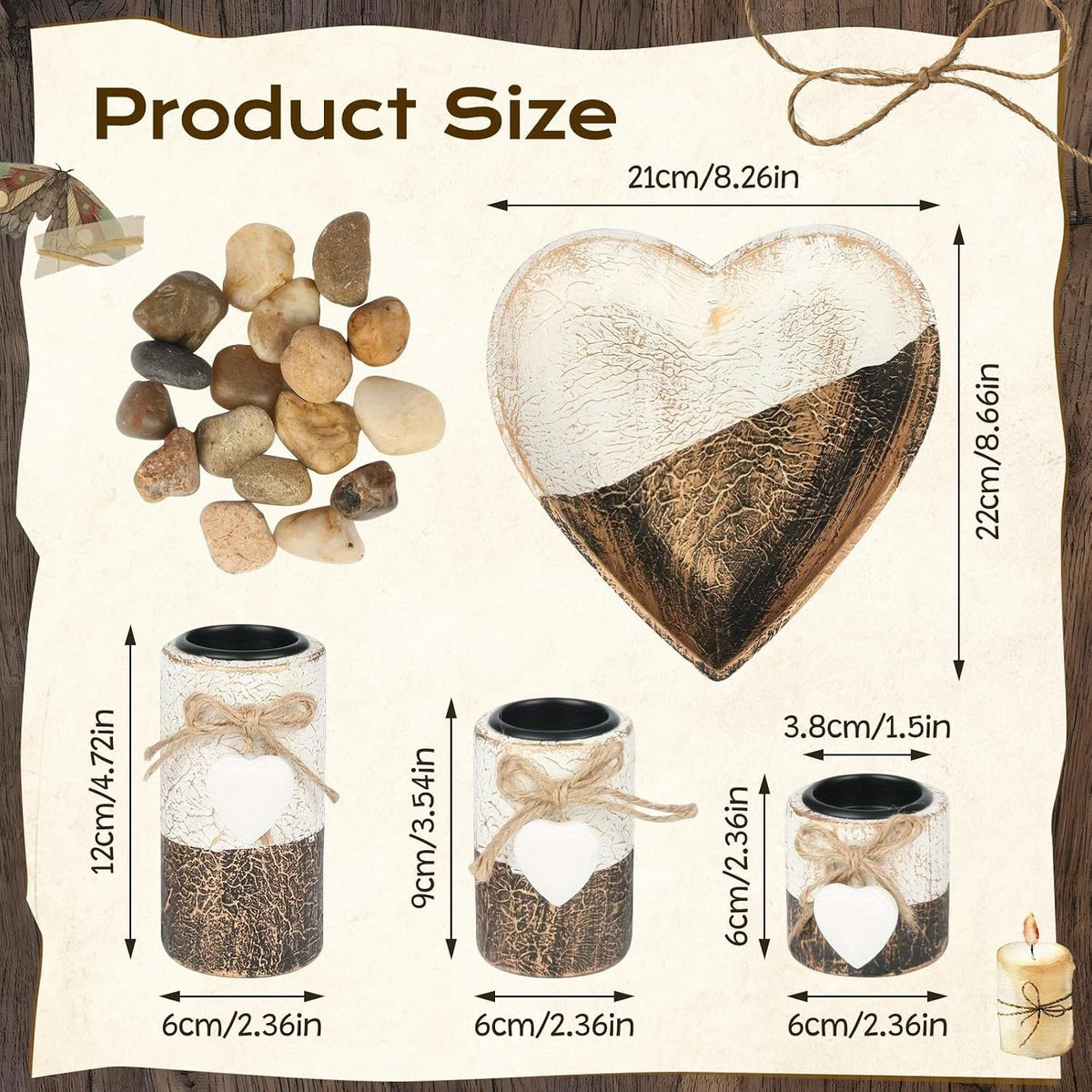 Heart Tray Rustic Candle Holder Set
