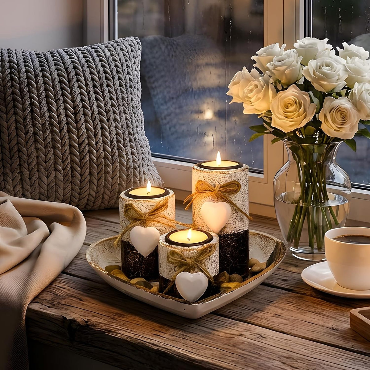 Heart Tray Rustic Candle Holder Set