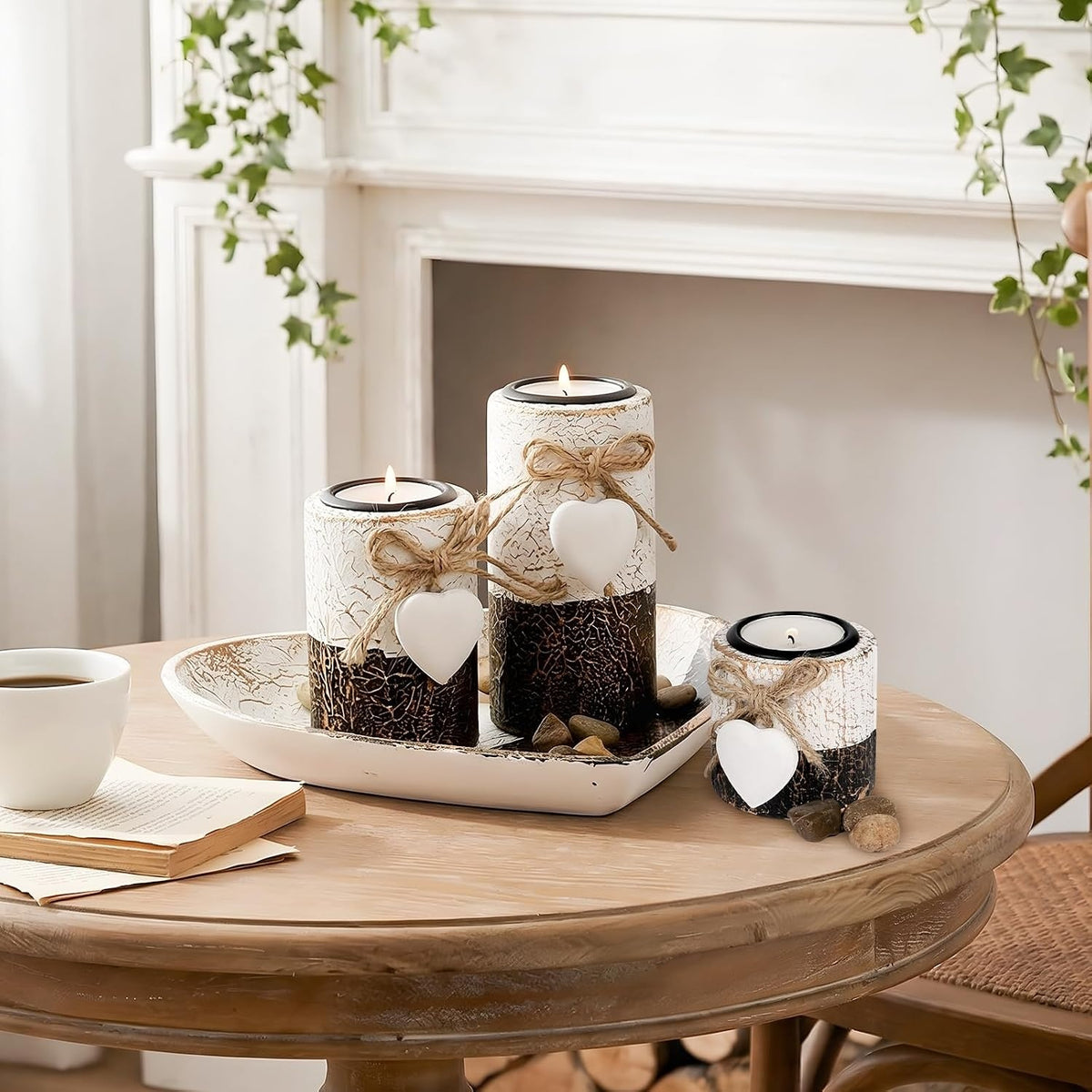 Heart Tray Rustic Candle Holder Set