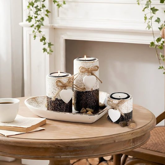 Heart Tray Rustic Candle Holder Set